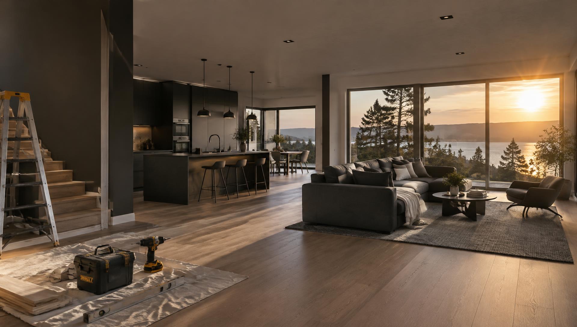 Modern ausgebauter Wohnraum mit Holzboden und Werkzeug im Vordergrund